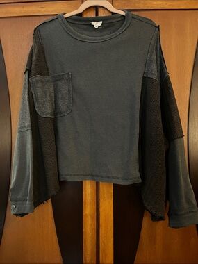 POL Oversized Mixed Media Patchwork Long Sleeve Topper in Black & Dark Grey